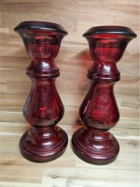 Pair Vidrios San Miguel Ruby Red Recycled Glass Pillar Candle Holder Vase Spain